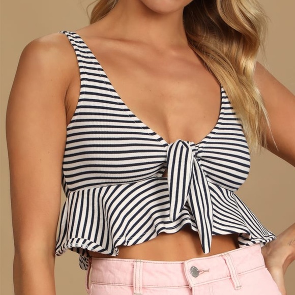 Navy Blue and White Striped Tie-Front Tank Top - Picture 4 of 4